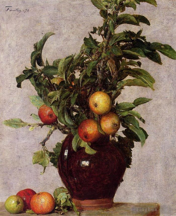 亨利·方坦·拉图尔 的油画作品 -  《有苹果和树叶的花瓶》