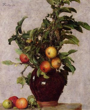 艺术家亨利·方坦·拉图尔作品《有苹果和树叶的花瓶》