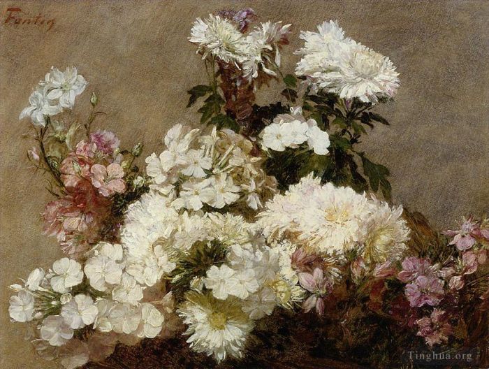 亨利·方坦·拉图尔 的油画作品 -  《白福禄考夏菊花和飞燕草》