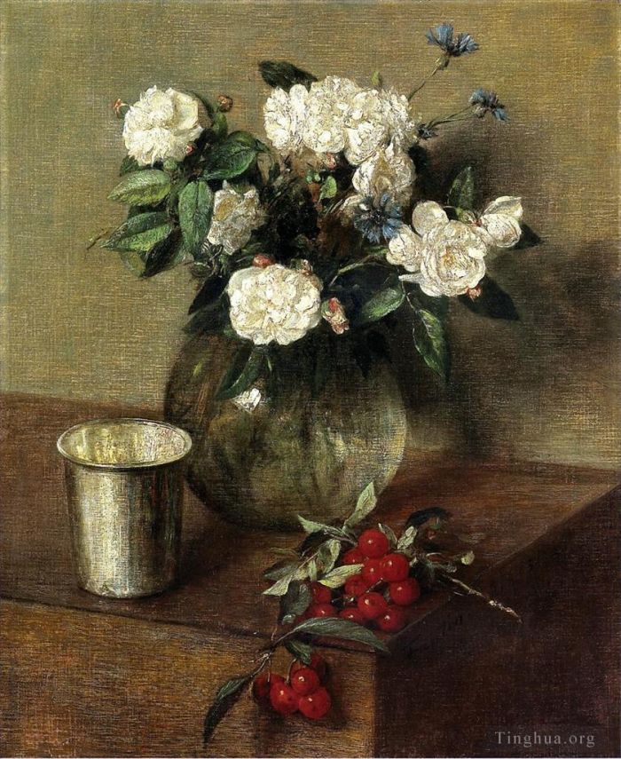 亨利·方坦·拉图尔 的油画作品 -  《白玫瑰和樱桃》