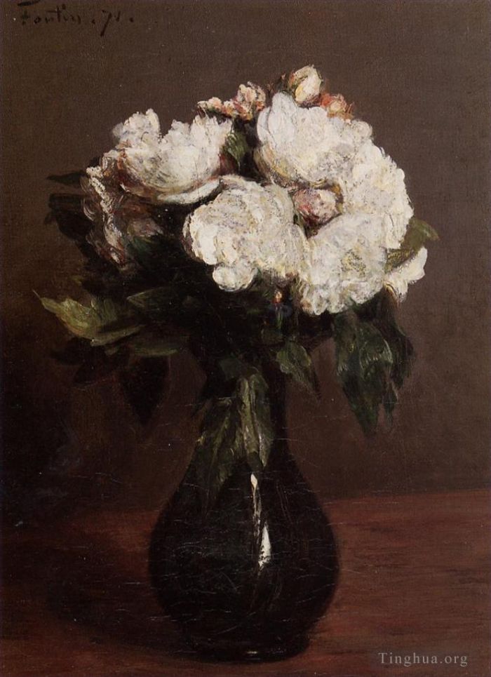 亨利·方坦·拉图尔 的油画作品 -  《绿色花瓶里的白玫瑰》