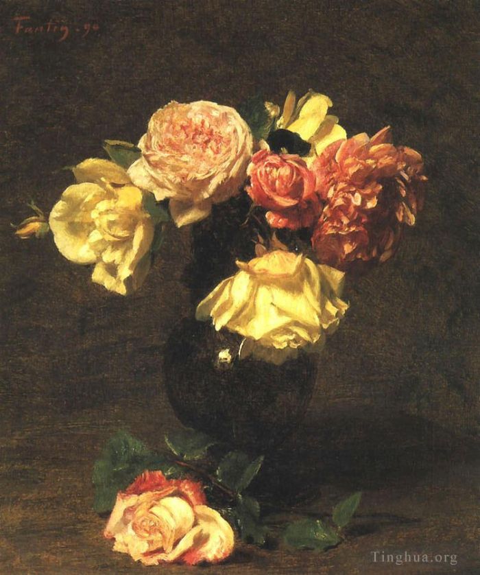 亨利·方坦·拉图尔 的油画作品 -  《白色和粉色玫瑰》