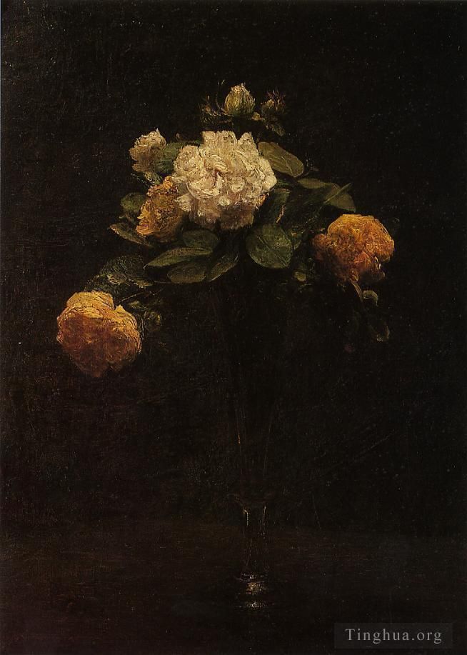 亨利·方坦·拉图尔 的油画作品 -  《高花瓶中的白玫瑰和黄玫瑰》