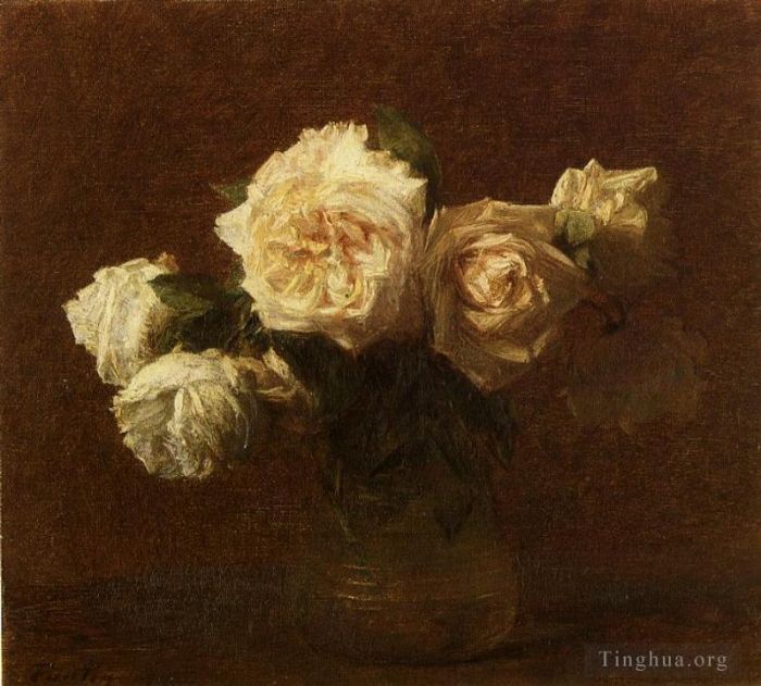 亨利·方坦·拉图尔 的油画作品 -  《玻璃花瓶里的黄粉红玫瑰》