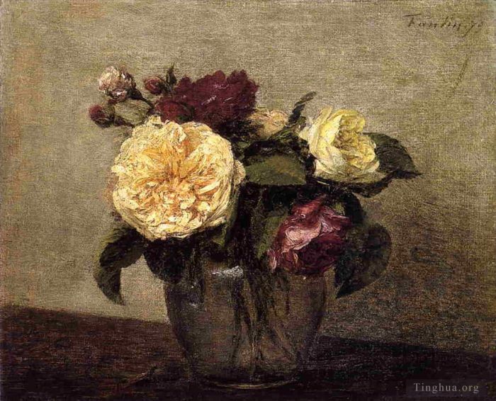 亨利·方坦·拉图尔 的油画作品 -  《黄玫瑰和红玫瑰》