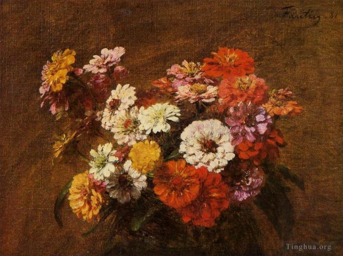 亨利·方坦·拉图尔 的油画作品 -  《花瓶里的百日菊》