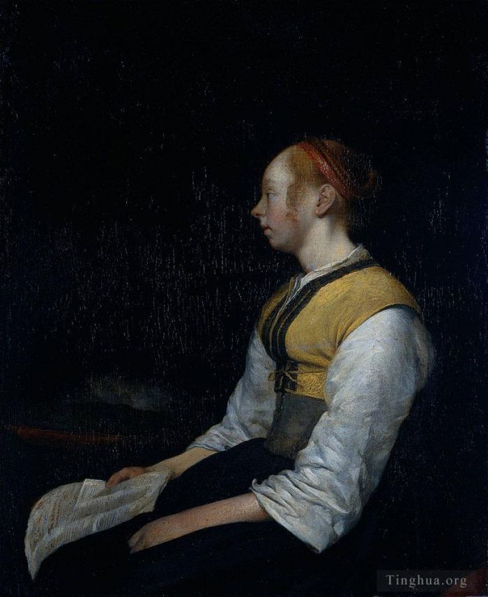 菲利皮诺·利比 的油画作品 -  《Borch,II,Gerard,ter,穿着农民服装的女孩可能是画家,Gesina,同父异母的妹妹》