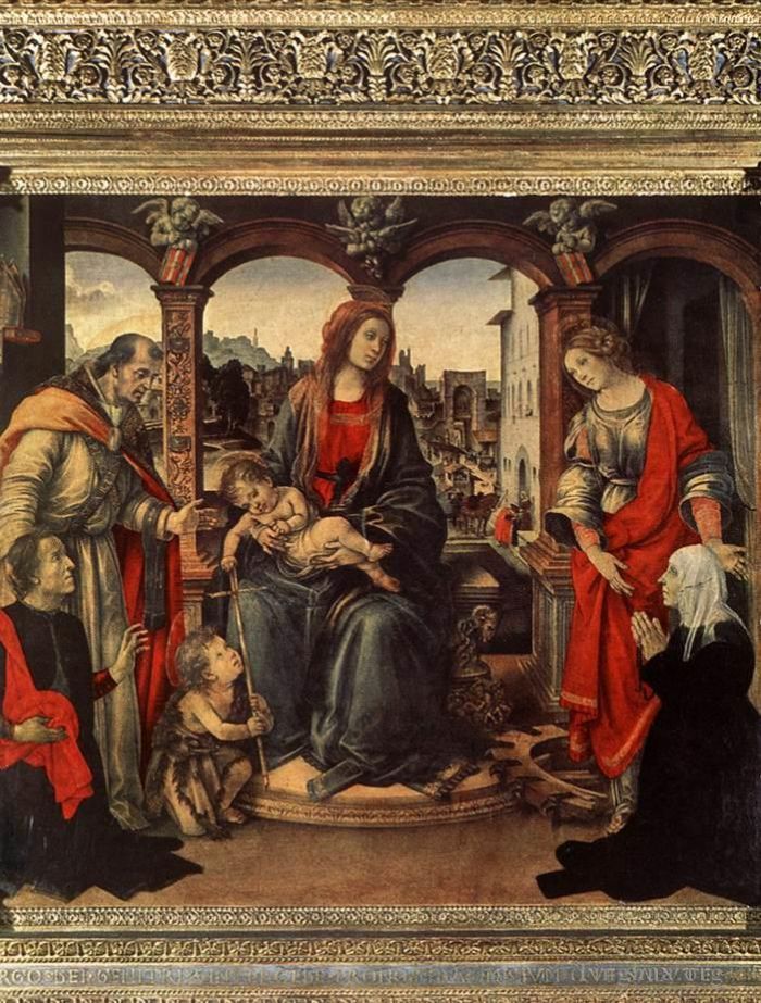 菲利皮诺·利比 的油画作品 -  《麦当娜与孩子和圣徒,1488》