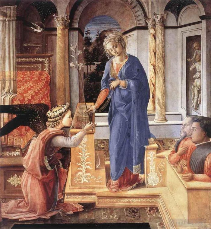 弗拉·菲利皮诺·利比 的各类绘画作品 -  《两位跪着的捐赠者的天使报喜》