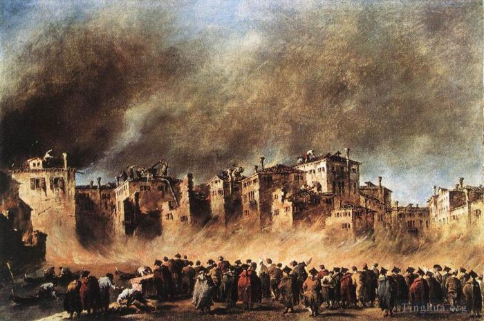 弗朗切斯科·瓜尔迪 的油画作品 -  《圣马库拉油库发生火灾》