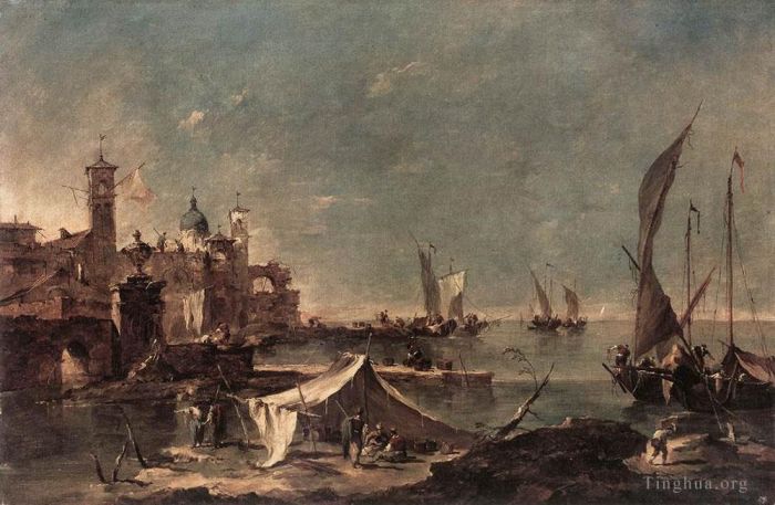 弗朗切斯科·瓜尔迪 的油画作品 -  《风景与渔民帐篷》