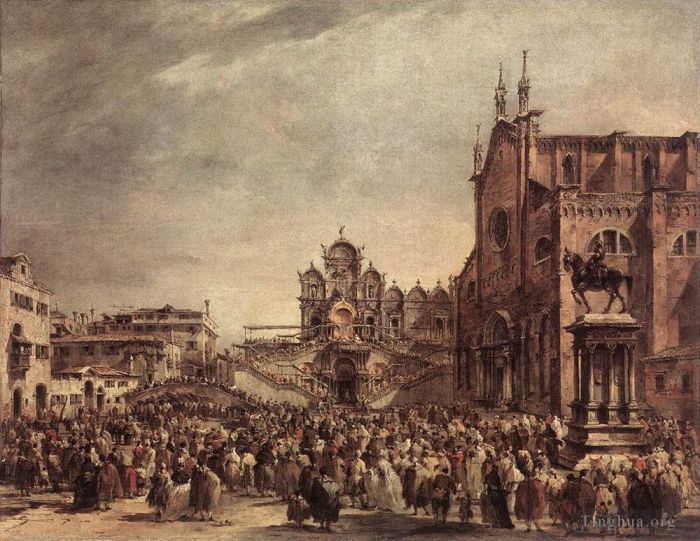 弗朗切斯科·瓜尔迪 的油画作品 -  《教皇庇护六世祝福圣乔瓦尼和保罗广场上的人民》