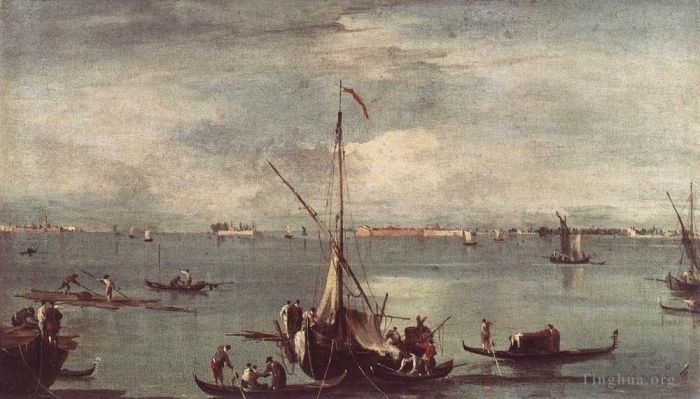 弗朗切斯科·瓜尔迪 的油画作品 -  《泻湖有船,贡多拉和木筏》