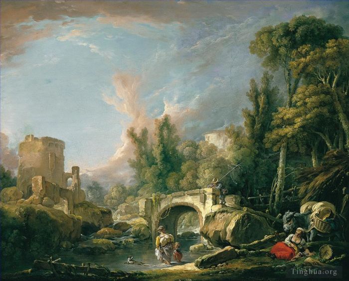 弗朗索瓦·布歇 的油画作品 -  《河流景观与废墟和桥梁》