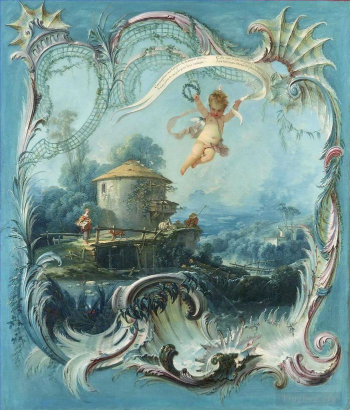 弗朗索瓦·布歇 的油画作品 -  《魔法之家,丘比特超越的田园风光》