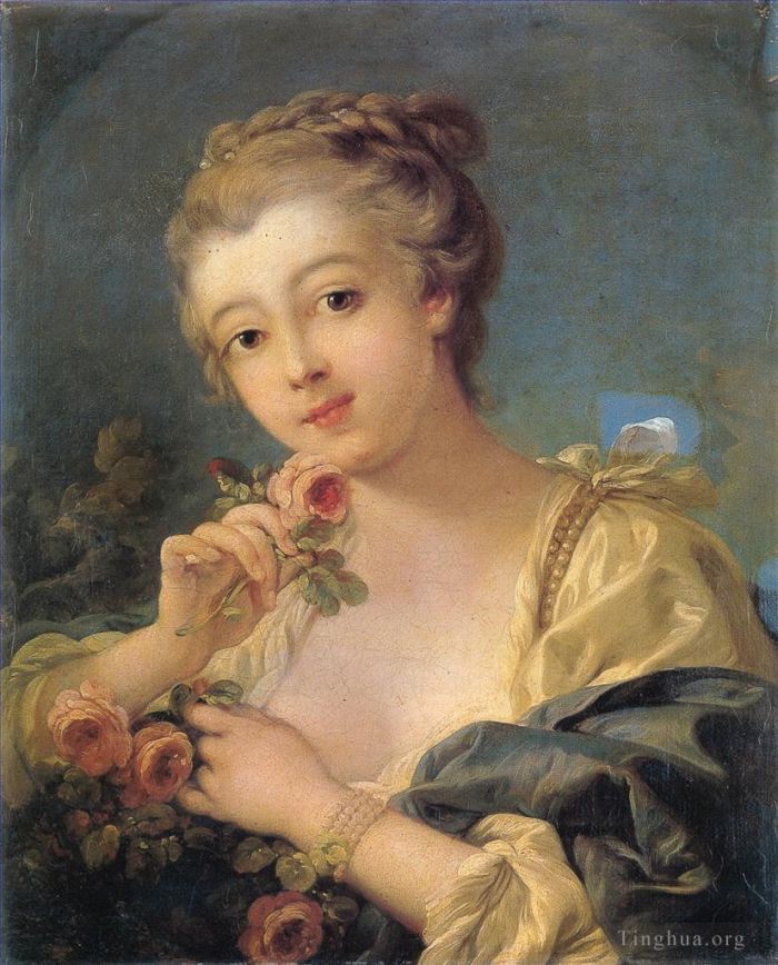弗朗索瓦·布歇 的油画作品 -  《年轻女子与一束玫瑰弗朗索瓦·布歇》