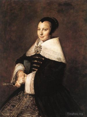 艺术家弗兰斯·哈尔斯作品《坐着的拿着扇子的女人的肖像》