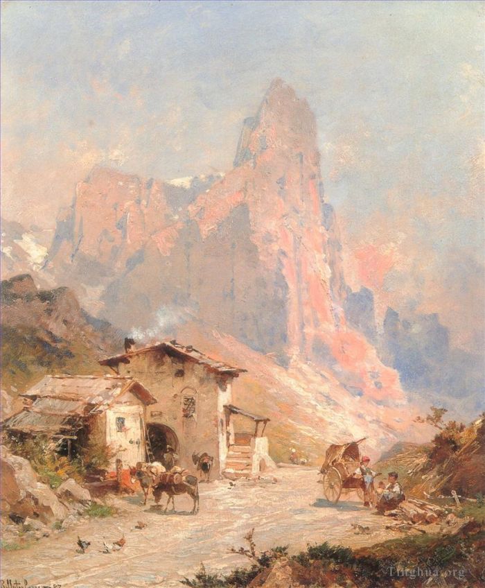 弗朗兹·理查德·盎特博格 的油画作品 -  《多洛米蒂山村庄中的人物》