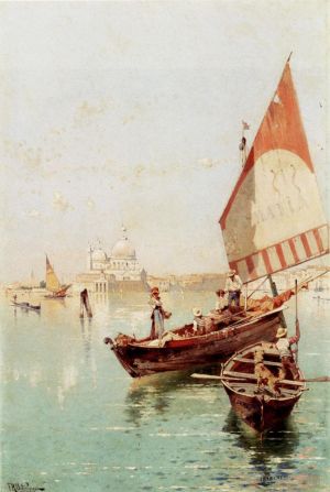 艺术家弗朗兹·理查德·盎特博格作品《威尼斯泻湖中的帆船》