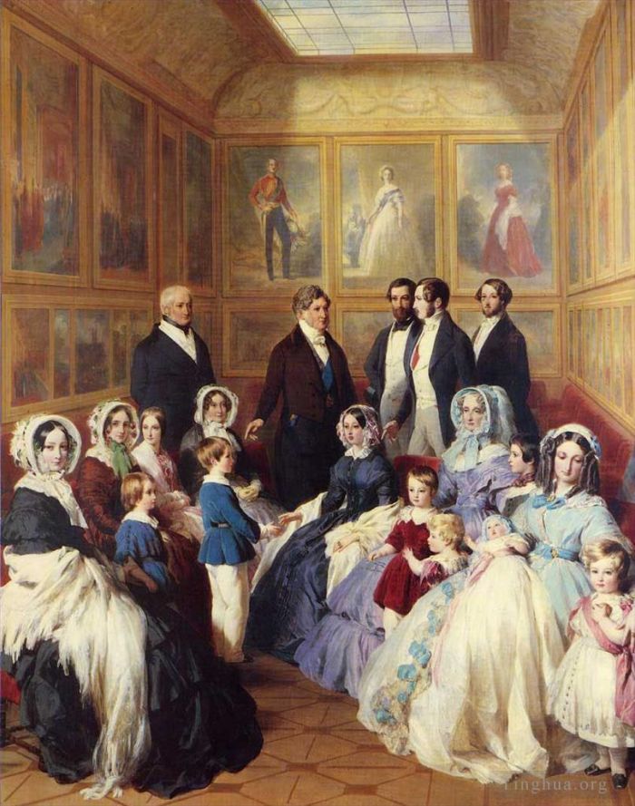 弗朗兹·泽维尔·温特哈尔特 的油画作品 -  《维多利亚女王和阿尔伯特亲王与路易·菲利普国王的家人》