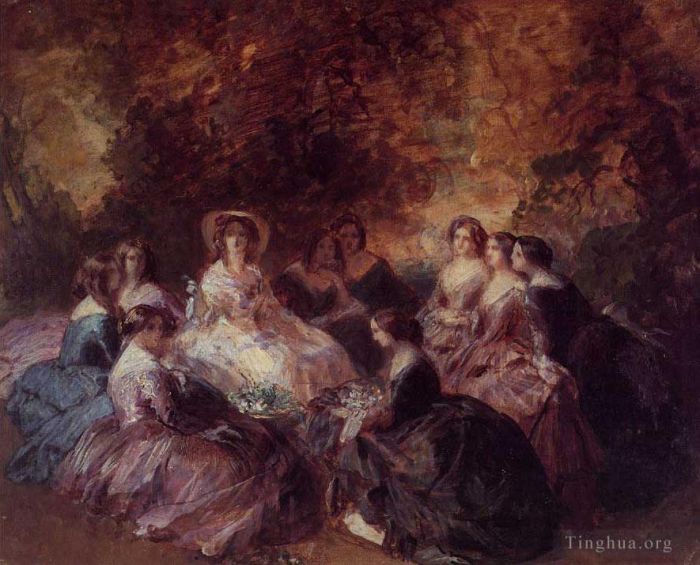 弗朗兹·泽维尔·温特哈尔特 的油画作品 -  《1855,年，尤金妮皇后被宫女们簇拥着》