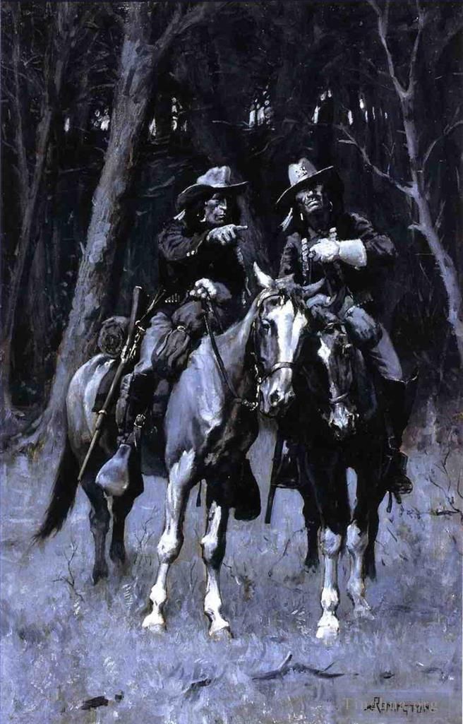 弗雷德里克·雷明顿 的油画作品 -  《夏安童子军在加拿大北部俄克拉荷马州的大森林中巡逻》