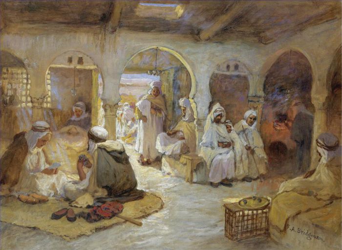 弗雷德里克·亚瑟·布里奇曼 的油画作品 -  《阿尔及利亚的一家咖啡馆》