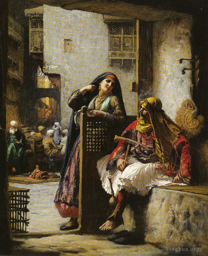 弗雷德里克·亚瑟·布里奇曼 的油画作品 -  《阿尔梅与亚美尼亚警察调情,开罗》