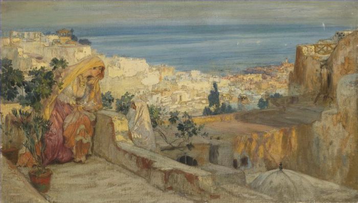 弗雷德里克·亚瑟·布里奇曼 的油画作品 -  《远方阿尔及尔屋顶上的阿拉伯妇女》