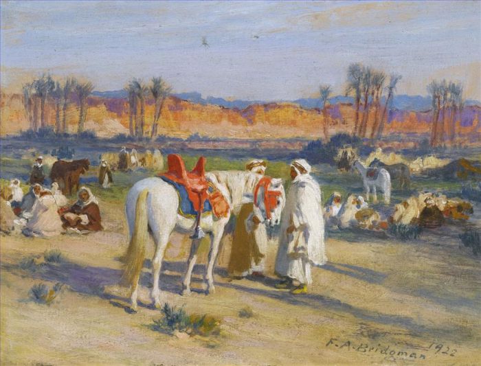 弗雷德里克·亚瑟·布里奇曼 的油画作品 -  《在沙漠中停下来》