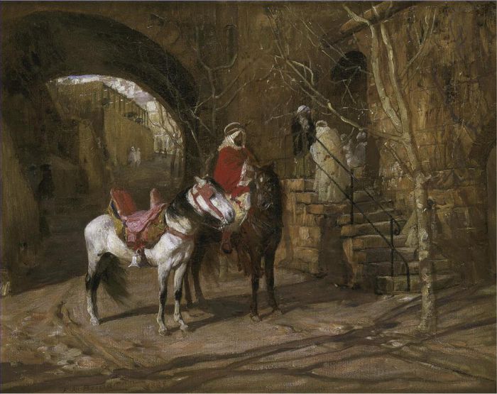弗雷德里克·亚瑟·布里奇曼 的油画作品 -  《庭院里的牧马人》