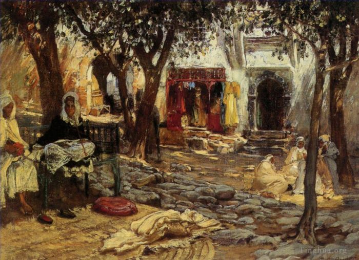 弗雷德里克·亚瑟·布里奇曼 的油画作品 -  《闲暇时刻阿拉伯庭院细节》