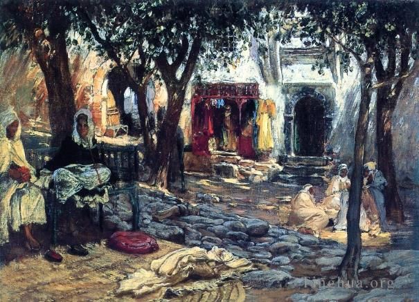弗雷德里克·亚瑟·布里奇曼 的油画作品 -  《阿拉伯庭院的闲暇时光》