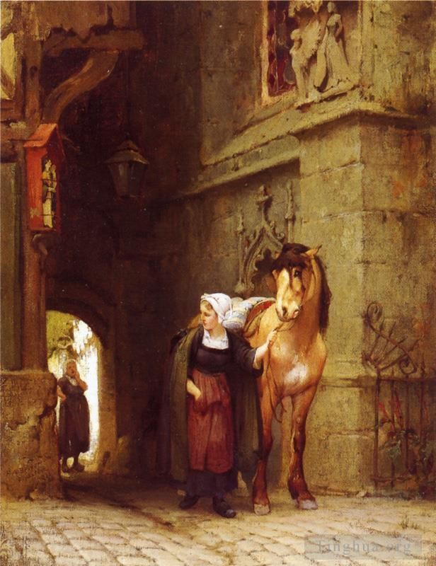 弗雷德里克·亚瑟·布里奇曼 的油画作品 -  《从马厩牵马》