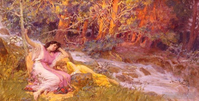 弗雷德里克·亚瑟·布里奇曼 的油画作品 -  《斜倚在溪边》