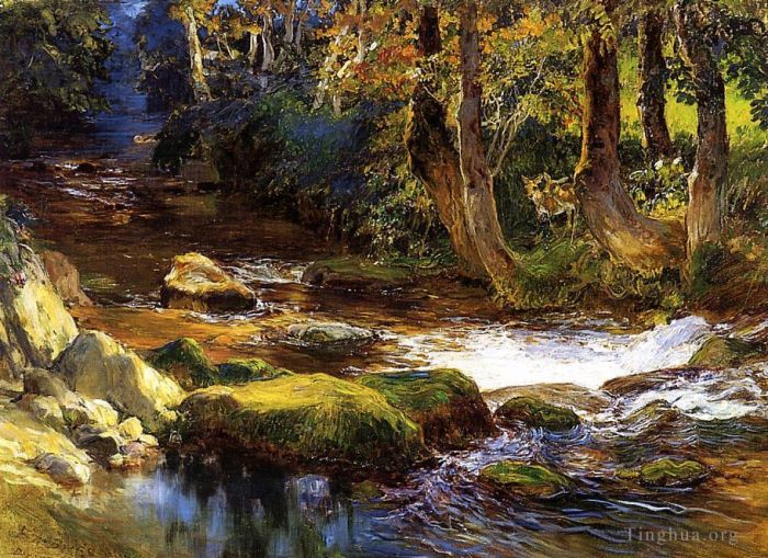 弗雷德里克·亚瑟·布里奇曼 的油画作品 -  《河流景观与鹿》