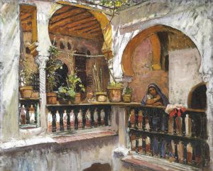 艺术家弗雷德里克·亚瑟·布里奇曼作品《阳台上的女人,阿尔及尔》