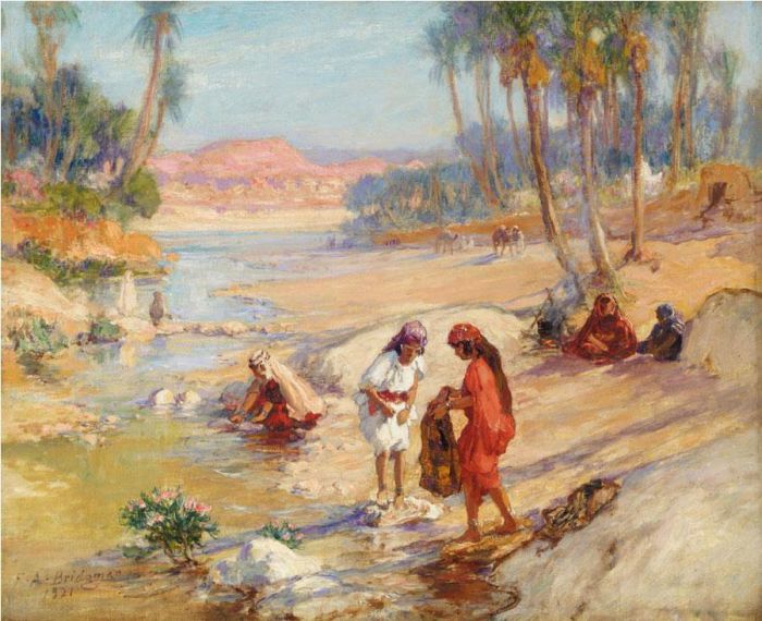 弗雷德里克·亚瑟·布里奇曼 的油画作品 -  《妇女们在溪流中洗衣服》
