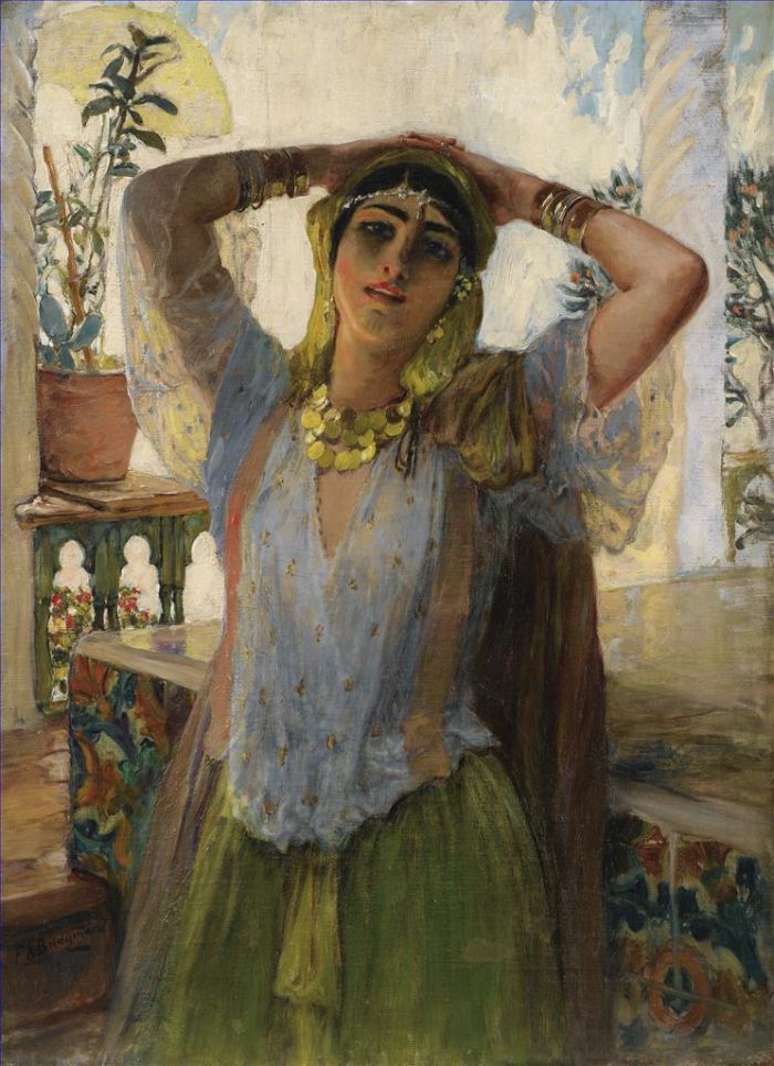 弗雷德里克·亚瑟·布里奇曼 的油画作品 -  《露台上的年轻东方女子》