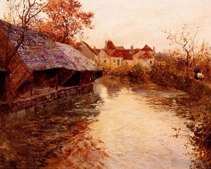 弗里茨·沙搂 的油画作品 -  《清晨的河景》