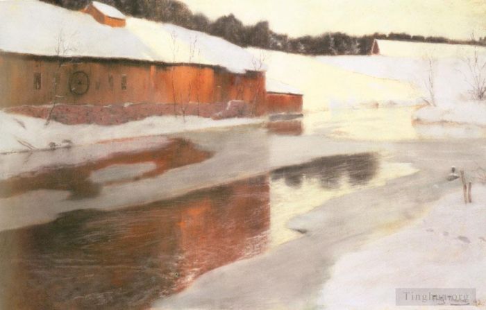 弗里茨·沙搂 的油画作品 -  《冬天冰冷的河边的一座厂房》
