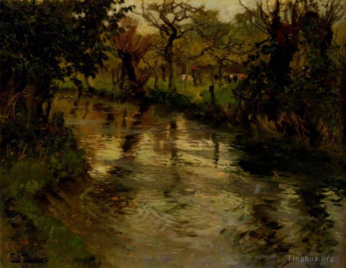 弗里茨·沙搂 的油画作品 -  《与河的林地场景》