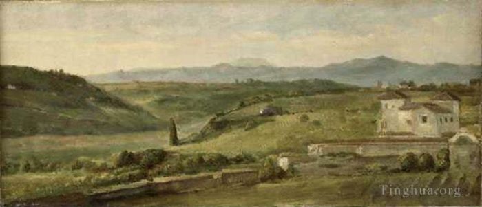 乔治·弗雷德里克·沃茨 的油画作品 -  《全景景观与农舍》