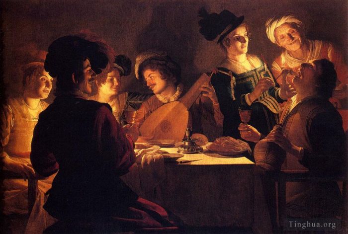 杰勒德·凡·洪特霍斯特 的油画作品 -  《与吟游诗人和他的鲁特琴共进晚餐》