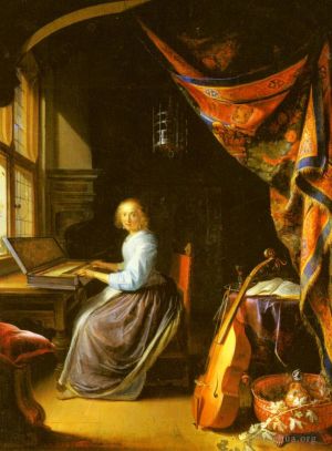 艺术家杰勒德·凡·洪特霍斯特作品《弹奏古钢琴的女人》