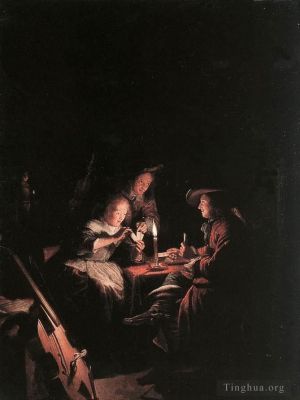 艺术家杰勒德·凡·洪特霍斯特作品《烛光下的纸牌玩家》