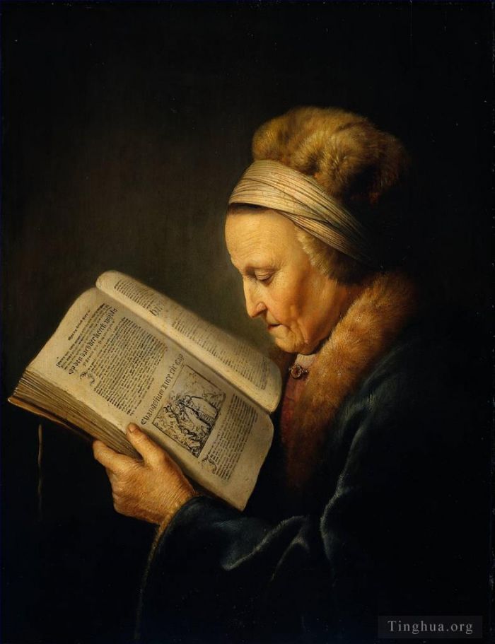 杰勒德·凡·洪特霍斯特 的油画作品 -  《读词典的老妇人》