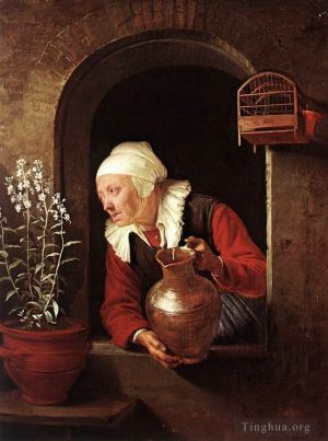 艺术家杰勒德·凡·洪特霍斯特作品《老妇人浇花》