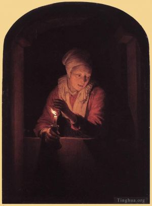 艺术家杰勒德·凡·洪特霍斯特作品《拿着蜡烛的老妇人》