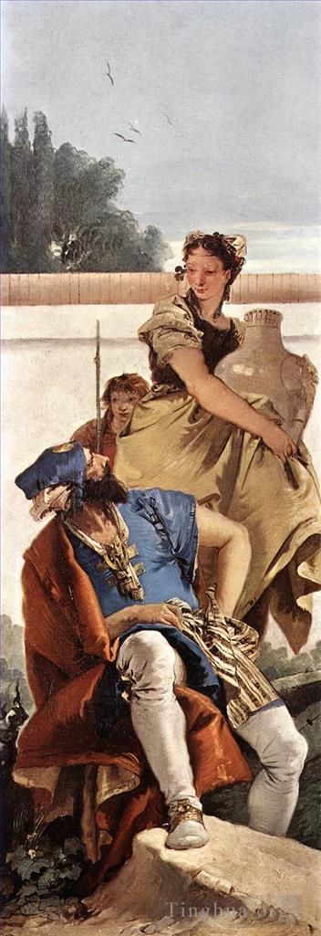 乔瓦尼·巴蒂斯塔·提也波洛 的油画作品 -  《一个坐着的男人和一个拿着水罐的女孩》